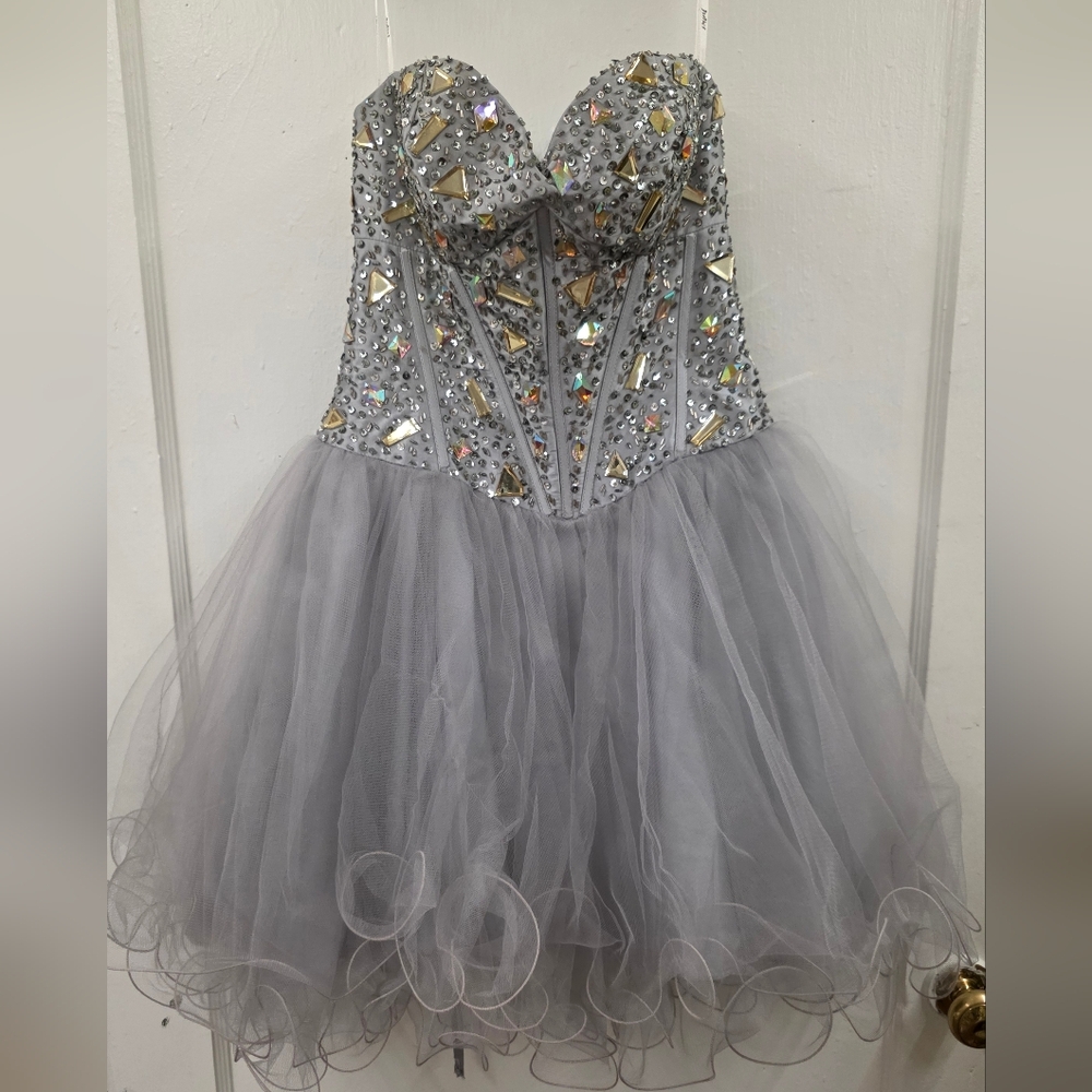 Juliet Strapless Corset Mini Dress Gray Tulle Sequin Beaded XS